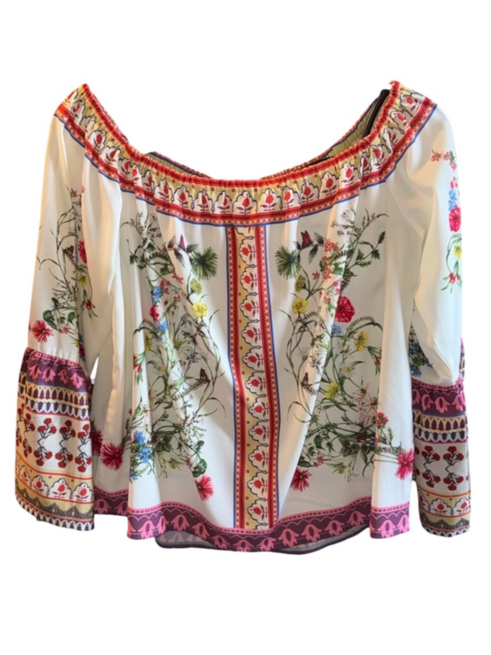 Umgee Cream Off-Shoulder Floral Embroidered Peasant Blouse with Coral Trim - Picture 2 of 5